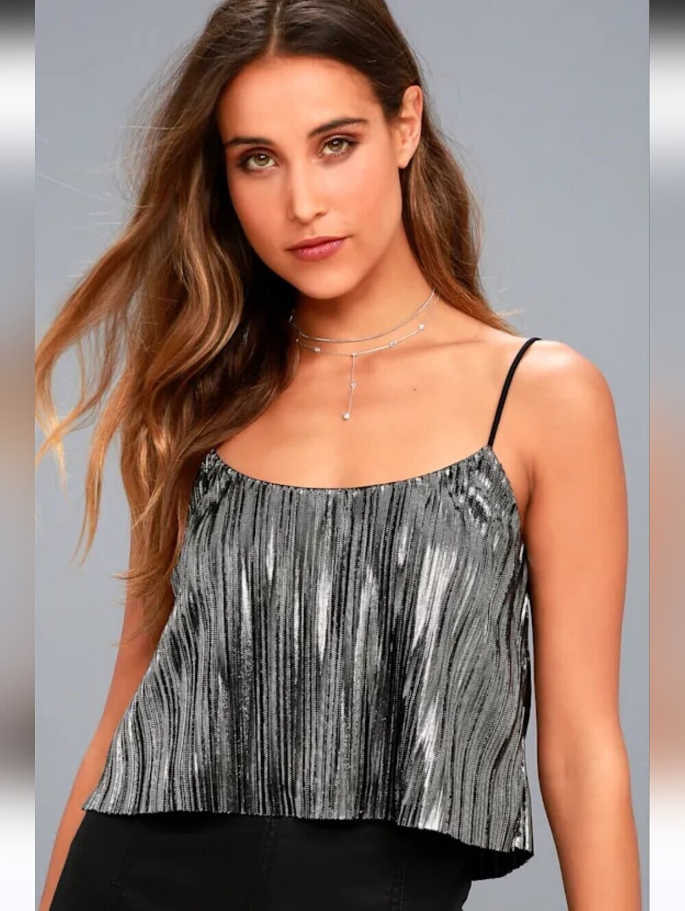 Lulus Midnight Kiss Black And Silver Pleated Crop Top NWOT Size Medium